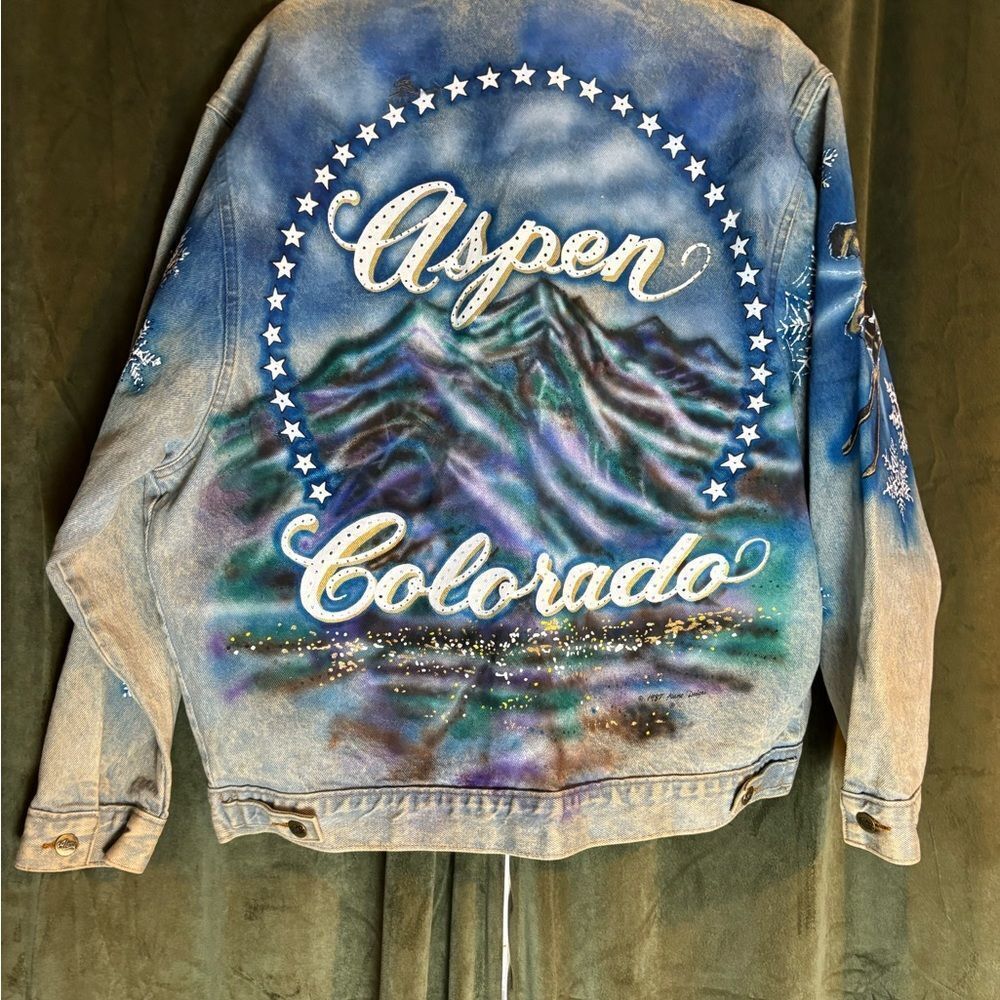 Vintage Tony Alamo Aspen Colorado Airbrushed Denim Jacket Ski Snowflake Western - Picture 7 of 10